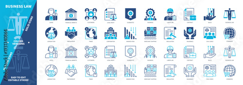 Business Law icon set. Trade, Civil Codes, Guarantee, Contract, Labor Law, Insurance, Commerce, Regulation. Duotone color solid and editable outline icons