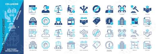 Collusion icon set. Deception, Kickback, Illegal, Bid Rigging, Secret Cooperation, Restriction, Competition, Firm. Duotone color solid and editable outline icons