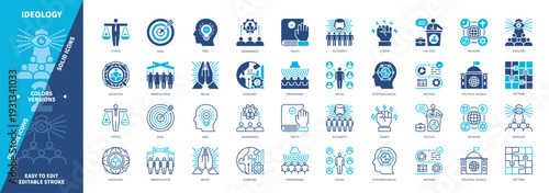 Ideology icon set. Authority, Manipulation, Governance, Social, Religion, Truth, Economic, Politics. Duotone color solid and editable outline icons