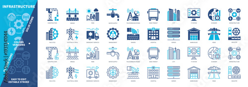 Infrastructure icon set. Hospital, Water Supply, Server, Warehouse, Industry, IT System, Telecommunications, City. Duotone color solid and editable outline icons