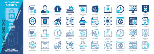 Information Security icon set. Antivirus Software, Firewall, Encryption, Monitoring, Cryptography, Integrity, Password, Standard. Duotone color solid and editable outline icons