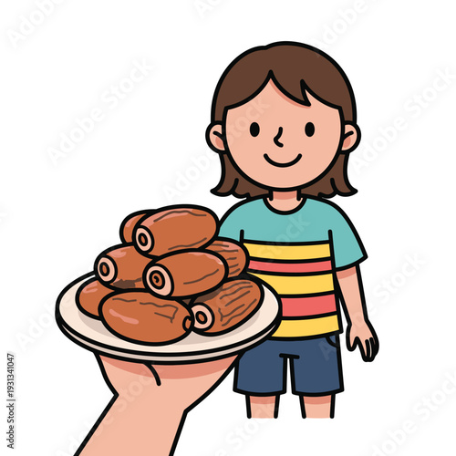 Cartoon Girl Holding Spring Rolls on Plate.