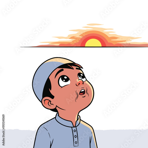 Young Boy Looking Up at Sunset.