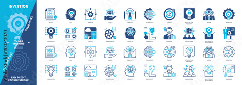 Invention icon set. Improvement, Efficiency, Intellectual Property, Vision, Creativity, Unique, Innovation, Patent. Duotone color solid and editable outline icons