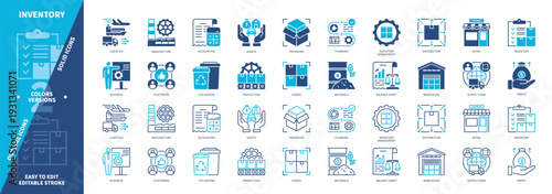 Inventory icon set. Profit, Warehouse, Packaging, Production, Materials, Distribution, Goods, Logistics. Duotone color solid and editable outline icons