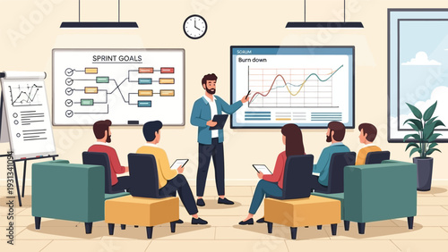 Agile Scrum Team Meeting Presentation: Analyzing Burn Down Chart, Sprint Goals, and Workflow Management Strategy