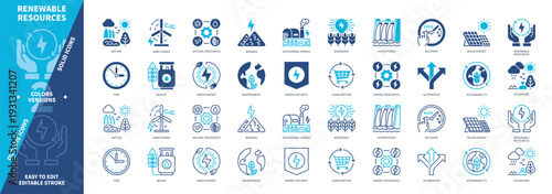 Renewable Resources icon set. Bioenergy, Nature, Environment, Green Energy, Ecosphere, Recovery, Energy Security, Biomass. Duotone color solid and editable outline icons