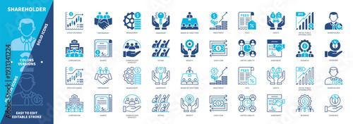 Shareholder icon set. Investment, Partnership, Corporation, Voting, Ownership, Agreement, Management, Assets. Duotone color solid and editable outline icons