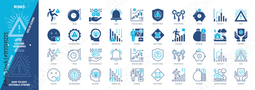 Risk icon set. Negative, Big Money, Opportunity, Security, Challenge, Savings, Cryptocurrency, Volatility. Duotone color solid and editable outline icons