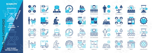 Scarcity icon set. Economics, Poverty, Availability, Commodities, Social Inequality, Resources, Consumers, Drought. Duotone color solid and editable outline icons