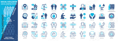Social Exclusion icon set. Social Issue, Discrimination, Sociology, Poverty, Unfair, Homeless, Politics, Healthcare. Duotone color solid and editable outline icons