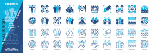 Solidarity icon set. Motivation, Friendship, Bind, Demonstration, Cooperation, Participation, Mutual Help, Political Party. Duotone color solid and editable outline icons
