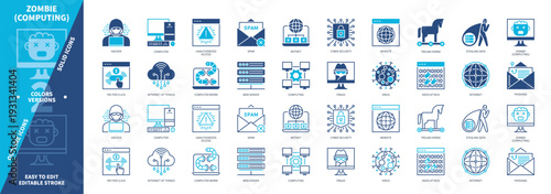 Zombie (computing) icon set. Internet, Fraud, Virus, Computer Worm, Web Server, Phishing, Trojan Horse, Data Stealing. Duotone color solid and editable outline icons