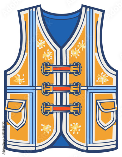 Traditional patterned vest with ornate fasteners and colorful embroidery illustration art