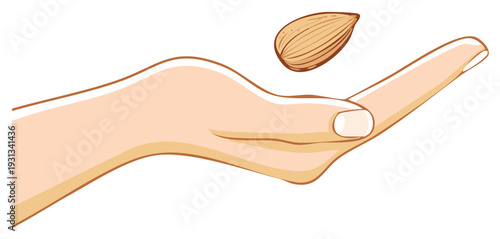 Hand holding a flying almond in a vector illustration for healthy eating and concepts