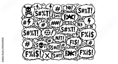 censored curse words and anger symbols in comic book speech bubbles representing frustration conflict and negative emotions.