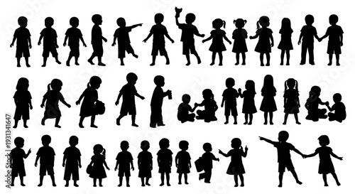 children silhouettes playing walking and interacting in diverse poses illustrating childhood development and youth concepts.