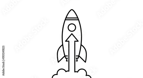 Simple line drawing of a rocket ship launching upwards with smoke and flames from a simple illustration viewpoint