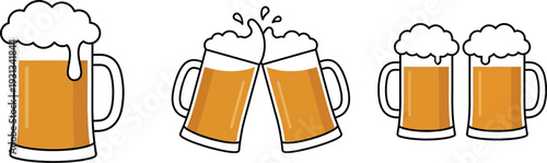 Beer Mugs and Toasting Collection featuring Foamy Lager Mugs Toasting Glasses and Cold Brew Pints for Pub Branding Craft Brewery Marketing Oktoberfest Celebrations and Social Event Invitations Vector 