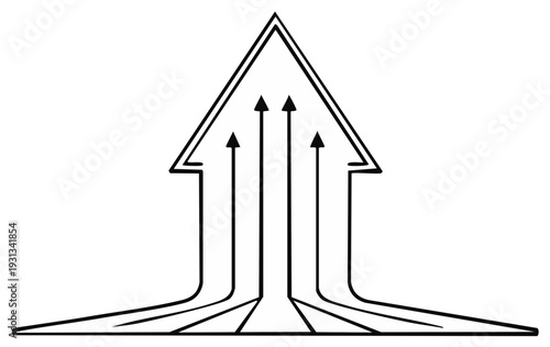 Arrows converging into house outline, line art, concept of coming home or financial success, forward movement