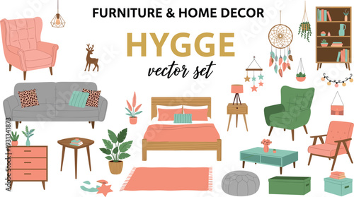 Hygge Furniture and Home Decor Vector Set with Cozy Living Room Interior, Bed, Sofa, Armchair and Decorative Accessories
