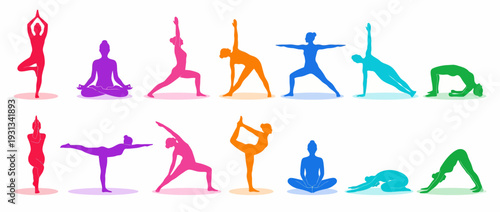 Inclusive Yoga Poses Silhouette Collection featuring Colorful Human Figures in Meditation Vinyasa Tree Pose and Warrior Asanas for Wellness Branding Fitness App Design and Holistic Health Marketing Ve