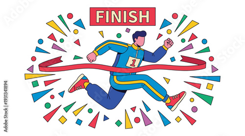 Businessman or athlete running crossing finish line tape with colorful confetti celebration