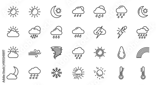 clean outline weather forecast icons illustrating various atmospheric conditions for digital interfaces and app design projects.