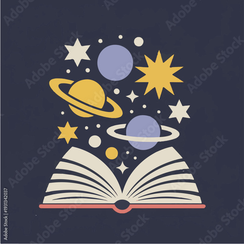 Open book with space planets stars and galaxy concept illustration