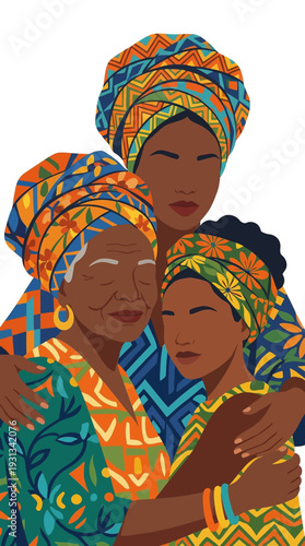 Three generations of black women wearing colorful african headwraps hugging together family heritage and love