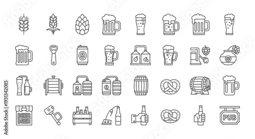 collection of beer icons in a flat outline style illustrating brewing ingredients and pub culture ideal for craft beer branding