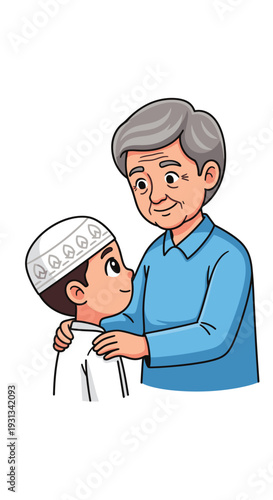 Elderly Man Guiding Young Boy.