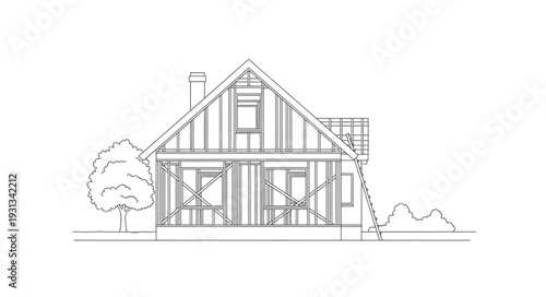 Sketch of a house under construction with scaffolding.