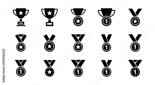 collection of black silhouette trophy and first place medal icons perfect for representing awards victory and achievement in graphic design.