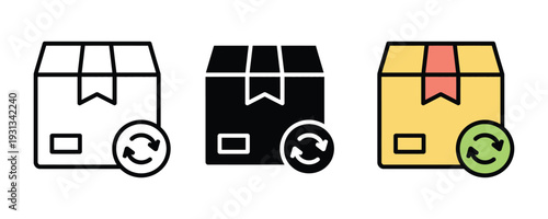 Package return and exchange cycle icon set. Cardboard box with rotation arrows symbol for logistics, e-commerce shipping updates, and refund policy design. Vector Illustration.
