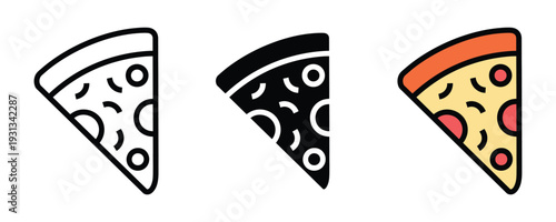 Pizza slice icon set. Fast food pepperoni pizza portion symbol for restaurant menu, Italian cuisine, and delivery service design. Vector Illustration.
