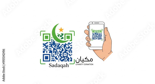 Smartphone scanning QR code for charity donation.