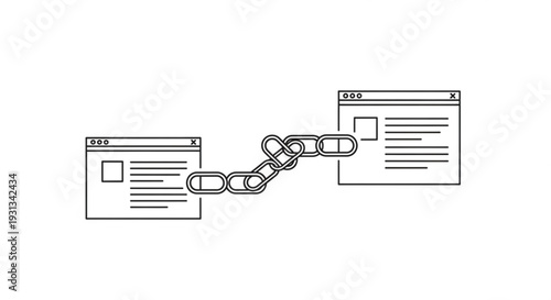 Two web pages linked by a chain representing connection between online content from a straightforward front view