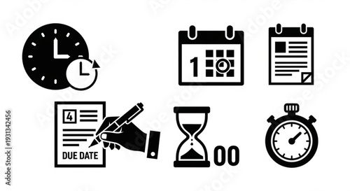 Black and white icons representing time management, scheduling, and deadlines in a modern, simple illustration style