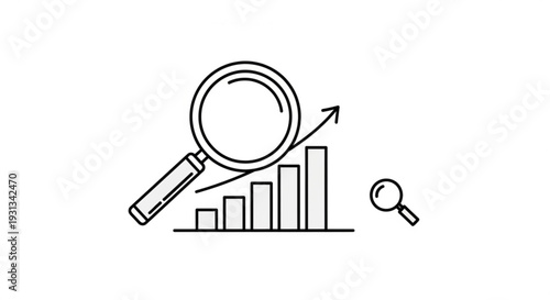 Magnifying glass examining a rising bar graph with upward trend and analysis icon nearby indicating detailed inspection