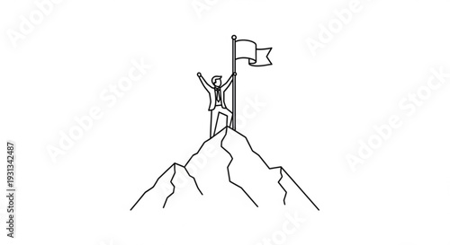 Triumphant person standing on mountain peak with raised arms holding a flag, viewed from a distance in a celebratory illustration