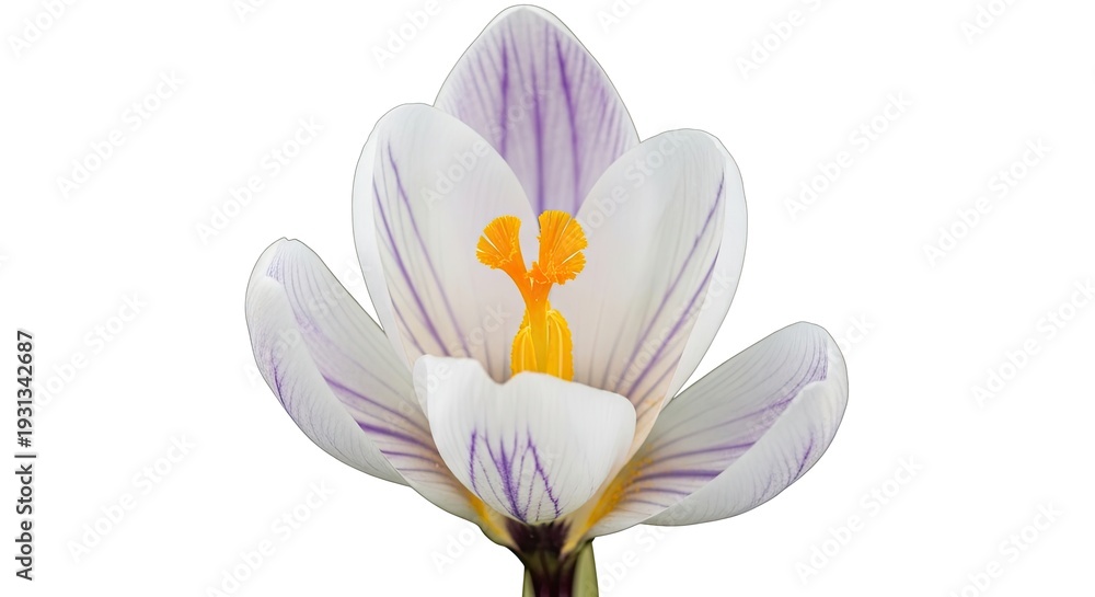 Obraz premium Ethereal spring crocus revealing delicate purple stripes on soft white petals with a vibrant orange stamen in a gentle macro view
