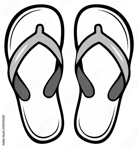 Cartoon illustration of a pair of gray and white flip-flops for summer, beach wear.