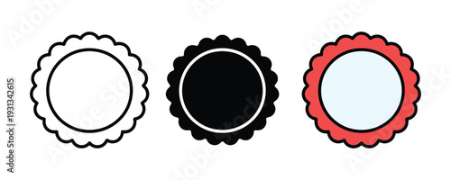 Scalloped circle badge icon set. Empty sunburst seal, serrated edge sticker, and decorative certificate border symbol for guarantee, award, and quality promotion design. Vector Illustration