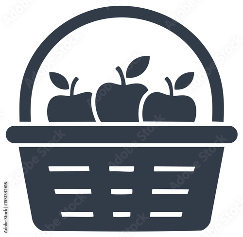 Simple graphic icon of a woven basket brimming with three fresh apples and leaves.