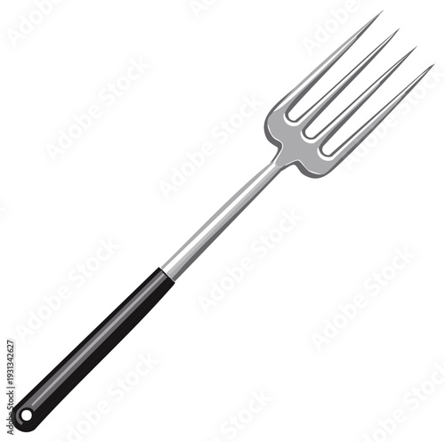 Elegant long fork with tines and dark handle, kitchenware utensil illustration, dining silverware for culinary dishes.