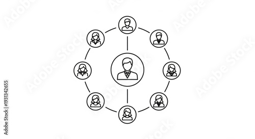 Central figure surrounded by connected individuals in a circular network diagram illustration