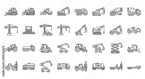 collection of construction machinery icons featuring various heavy vehicles and industrial equipment in a clean line art style ideal for building project illustrations.