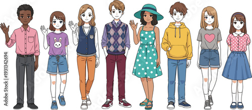 Diverse Group of Teenagers Standing Together Vector Illustration with Casual Fashion Style and Friendly Expressions