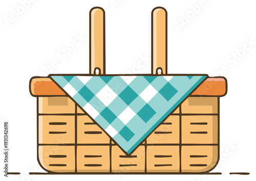 A Woven Picnic Basket with a Gingham Cloth and Two Handles